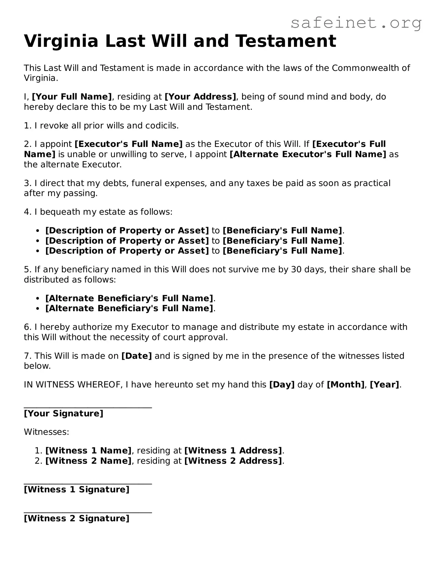 Valid Last Will and Testament Template for the State of Virginia