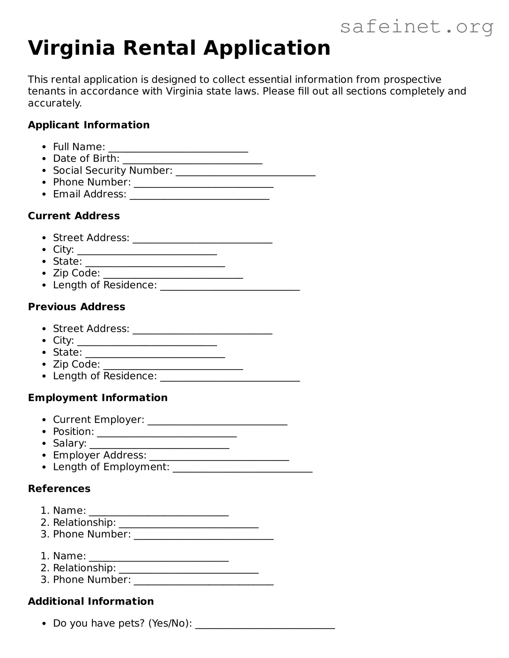 Valid Rental Application Template for the State of Virginia
