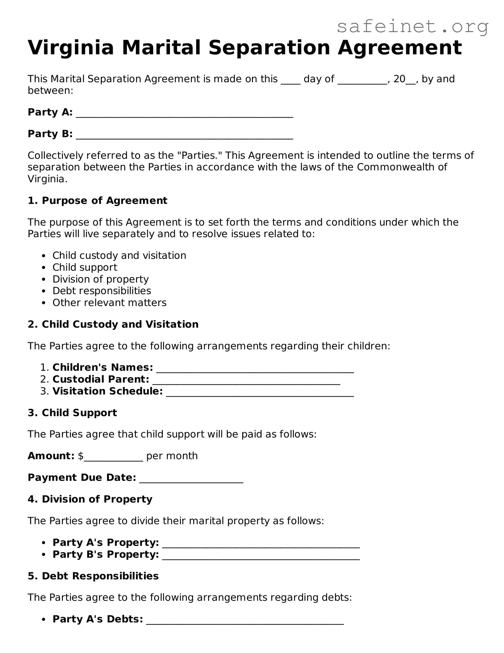 Valid Marital Separation Agreement Template for the State of Virginia