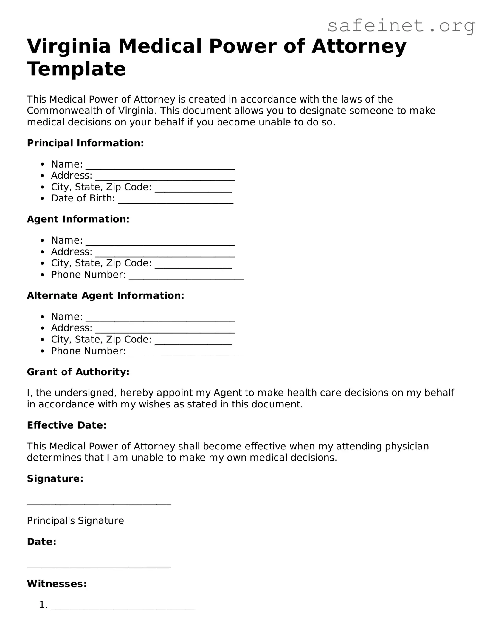 Valid Medical Power of Attorney Template for the State of Virginia