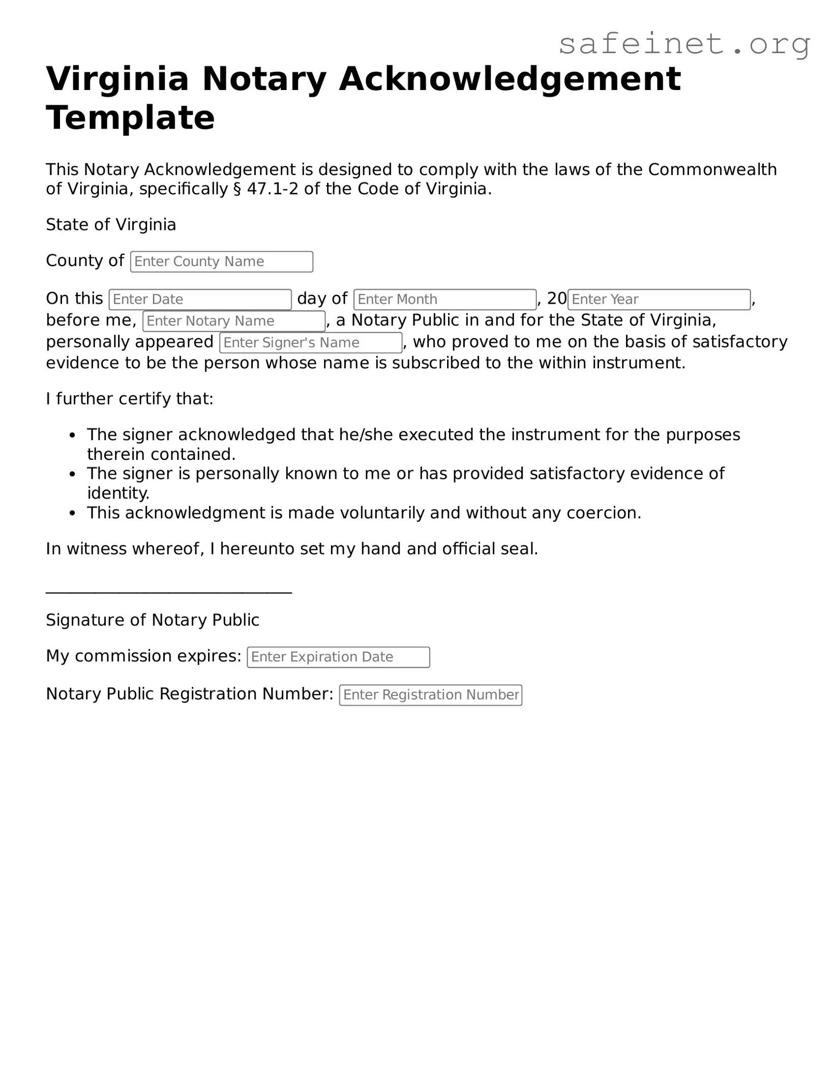 Valid Notary Acknowledgement Template for the State of Virginia