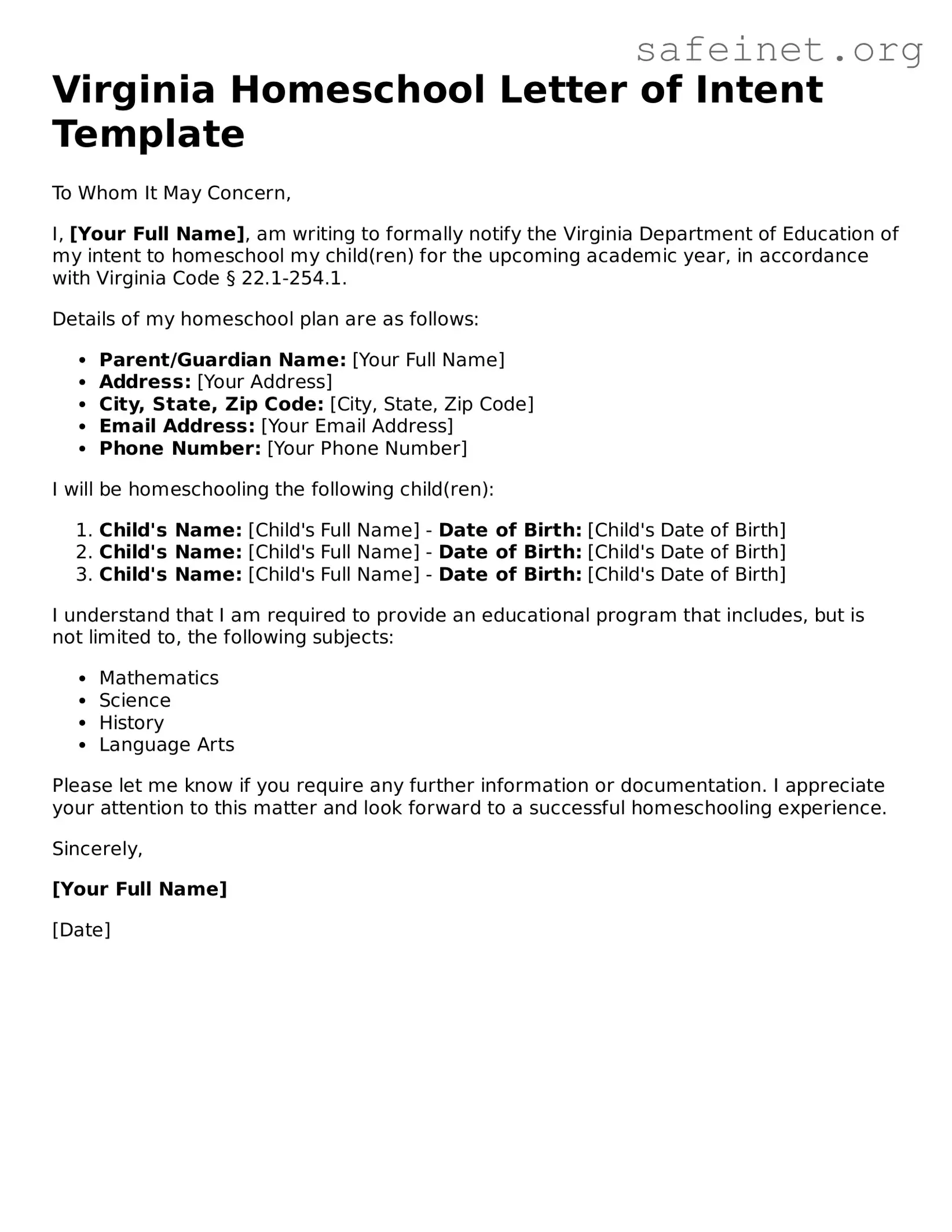 Valid Homeschool Letter of Intent Template for the State of Virginia