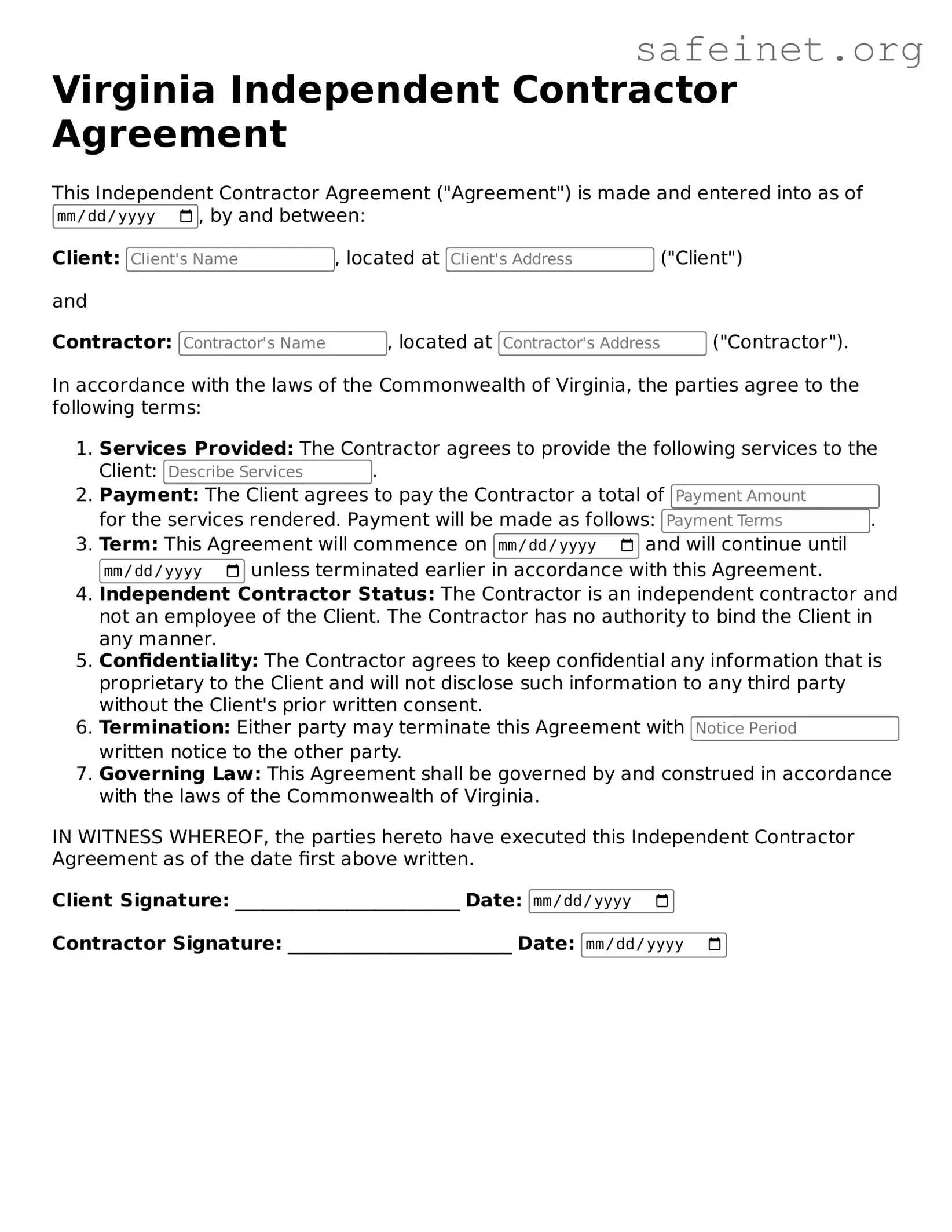 Valid Independent Contractor Agreement Template for the State of Virginia