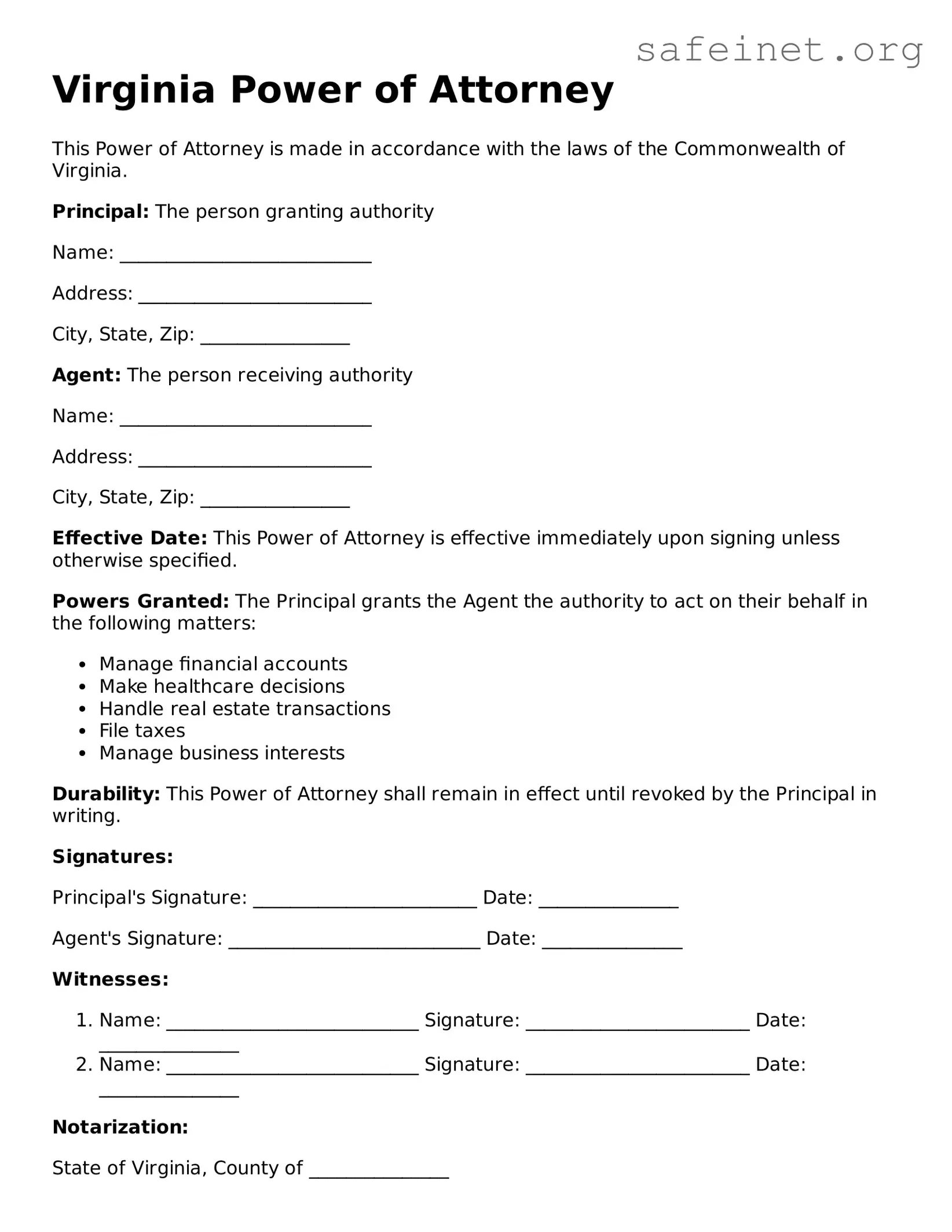 Valid Power of Attorney Template for the State of Virginia