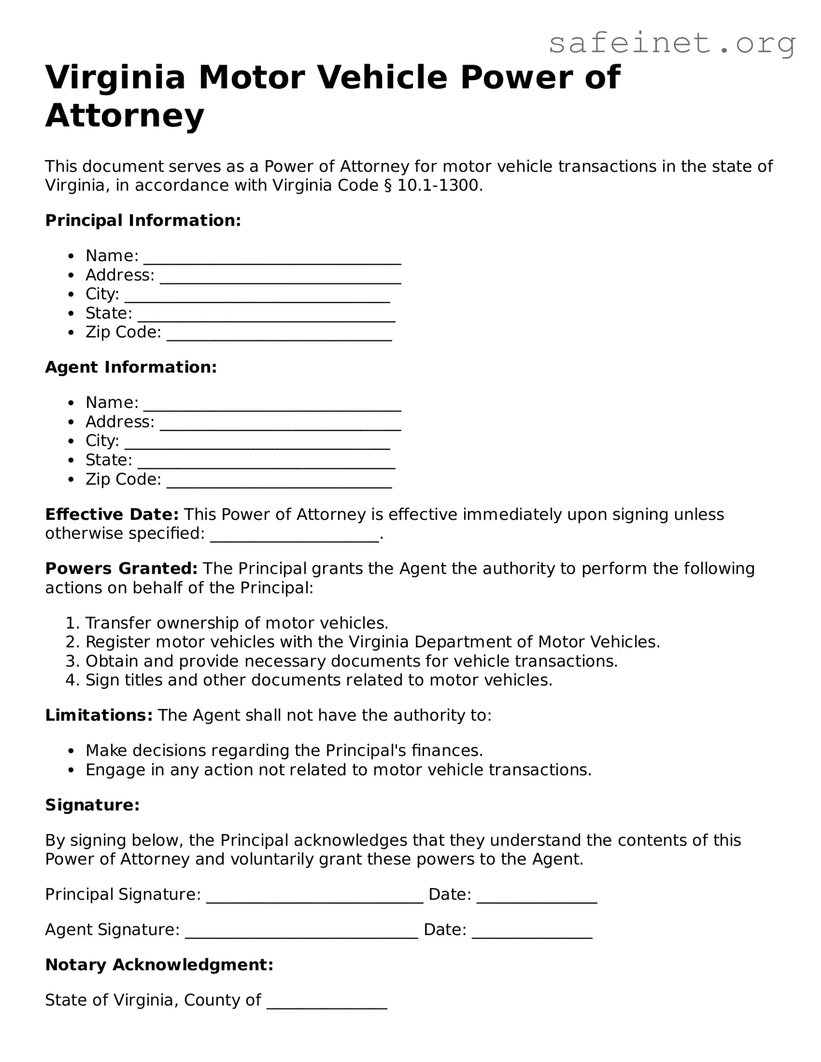 Valid Motor Vehicle Power of Attorney Template for the State of Virginia
