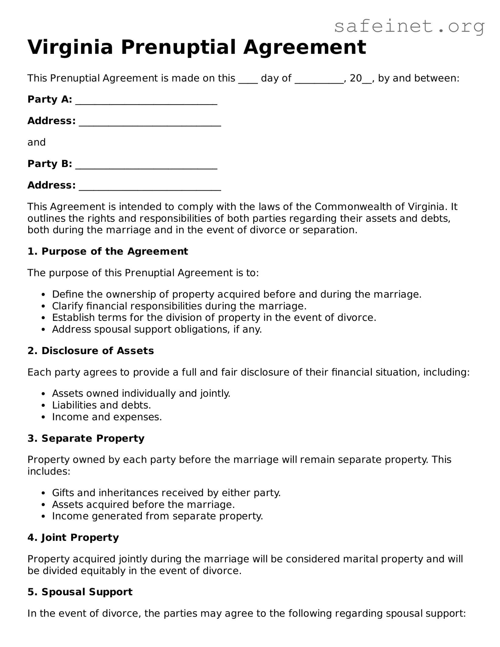 Valid Prenuptial Agreement Template for the State of Virginia