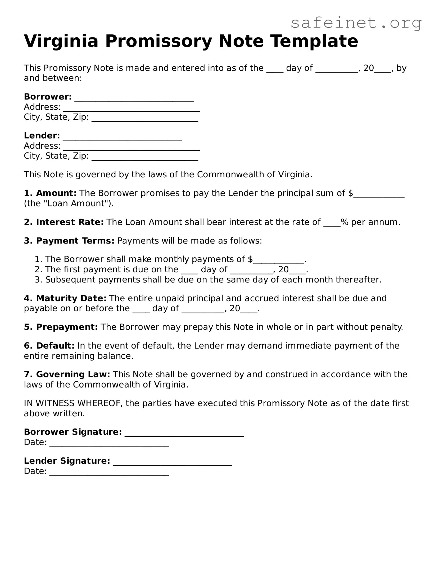 Valid Promissory Note Template for the State of Virginia