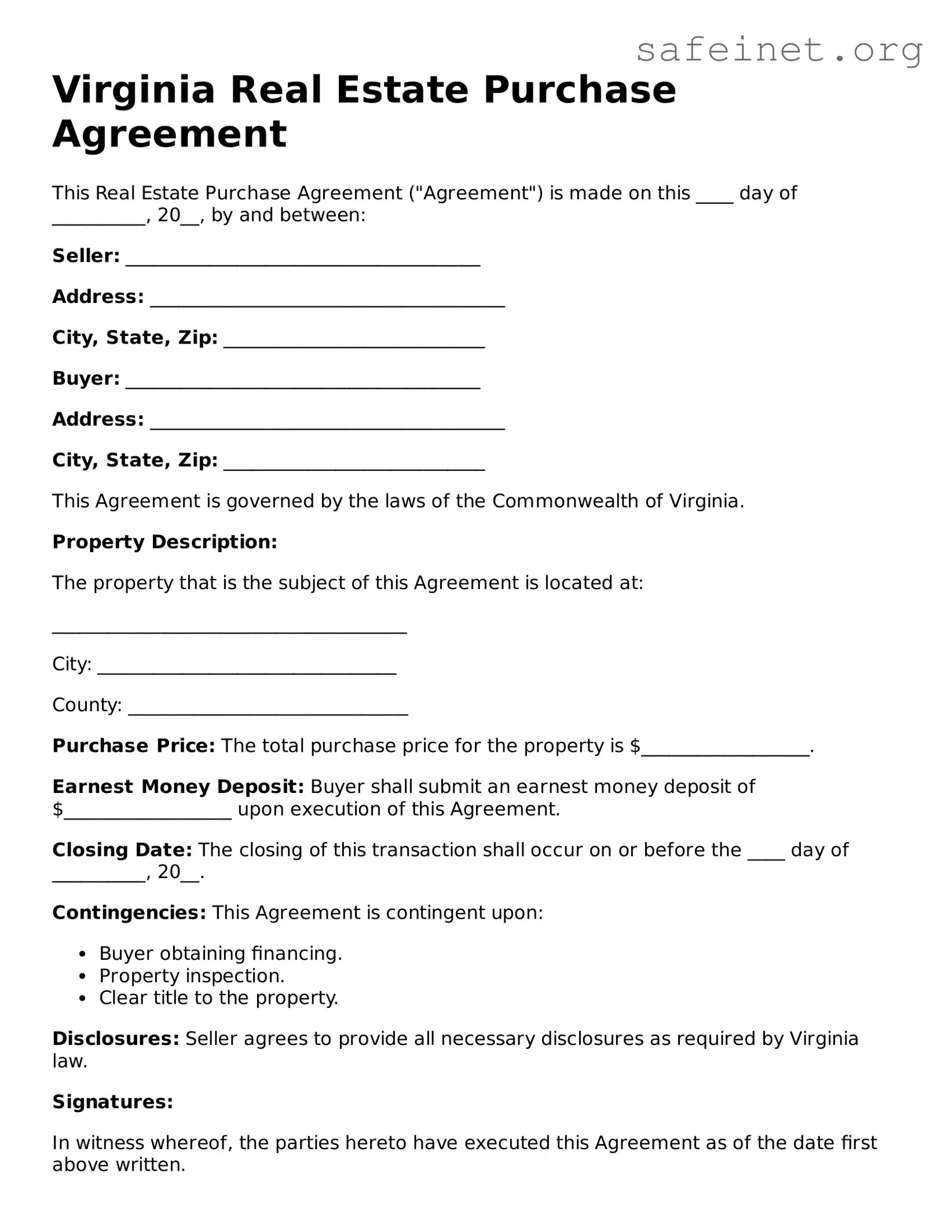 Valid Real Estate Purchase Agreement Template for the State of Virginia