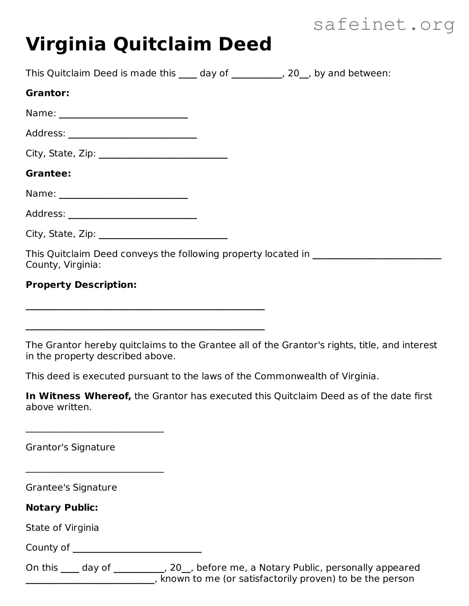 Valid Quitclaim Deed Template for the State of Virginia