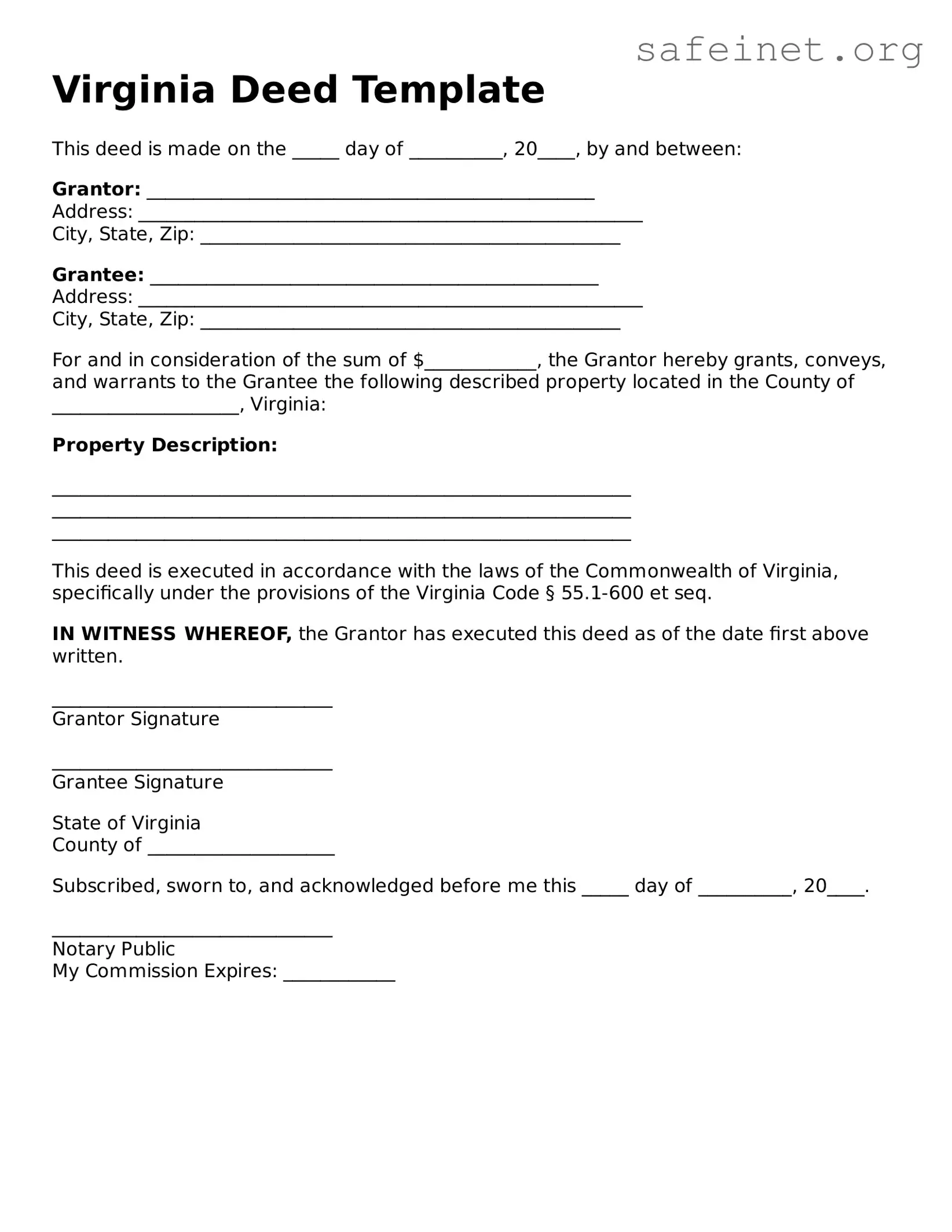 Valid Deed Template for the State of Virginia