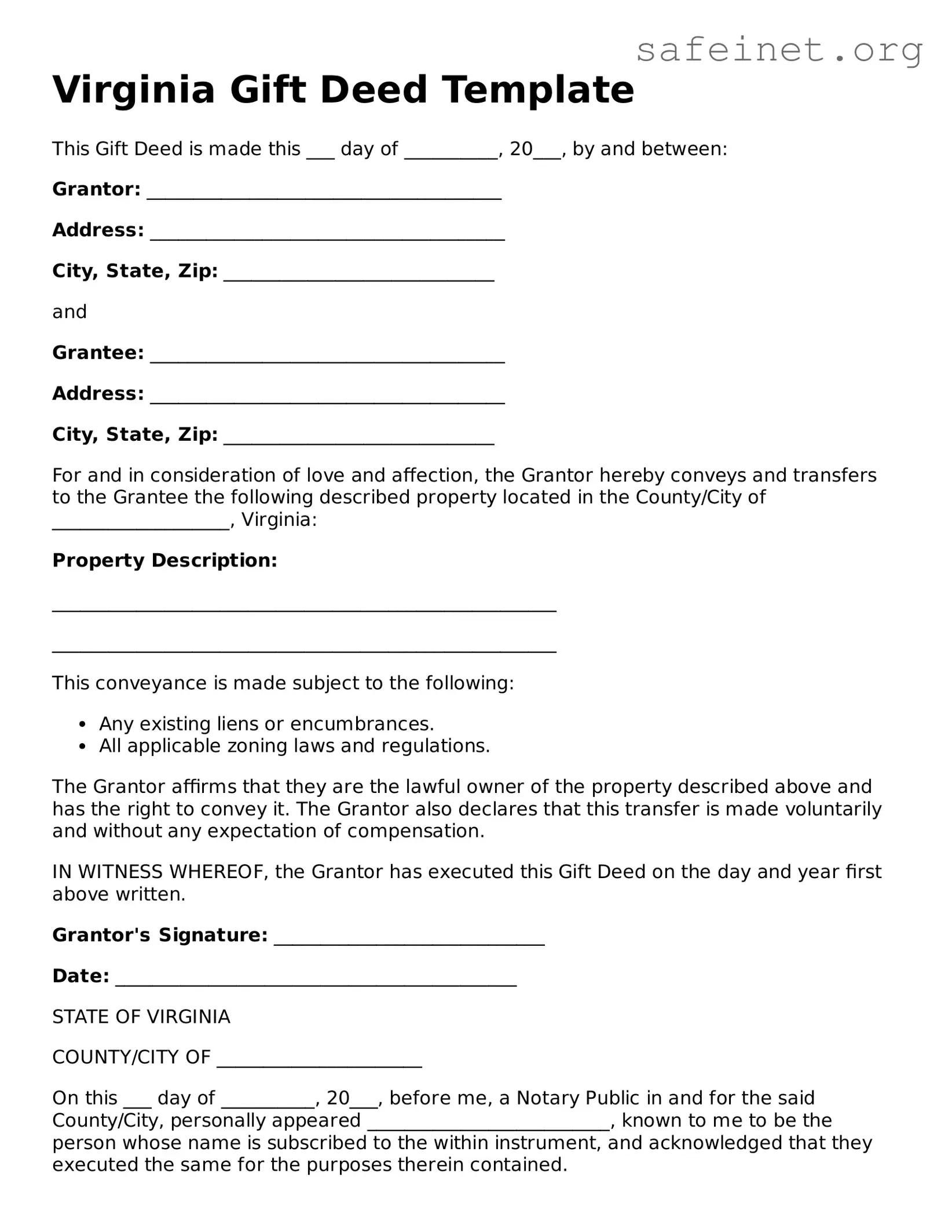 Valid Gift Deed Template for the State of Virginia