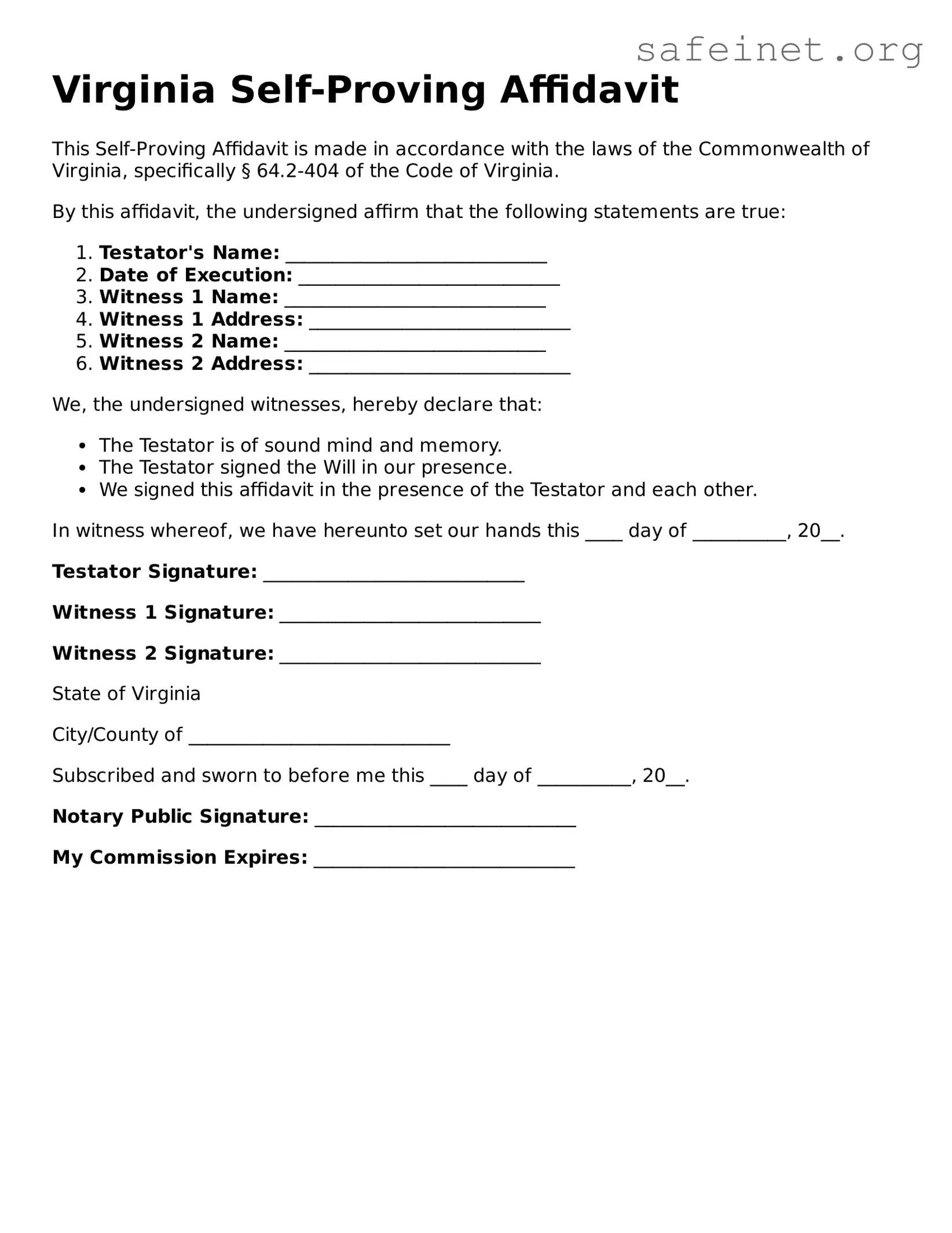 Valid Self-Proving Affidavit Template for the State of Virginia