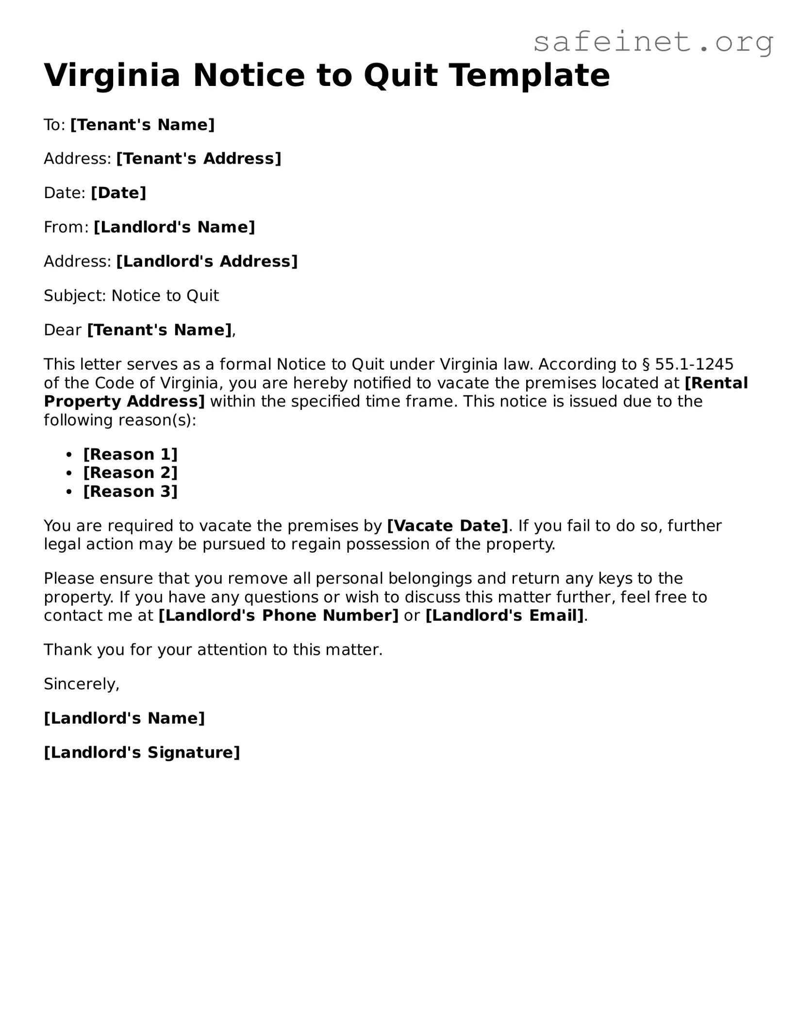 Valid Notice to Quit Template for the State of Virginia