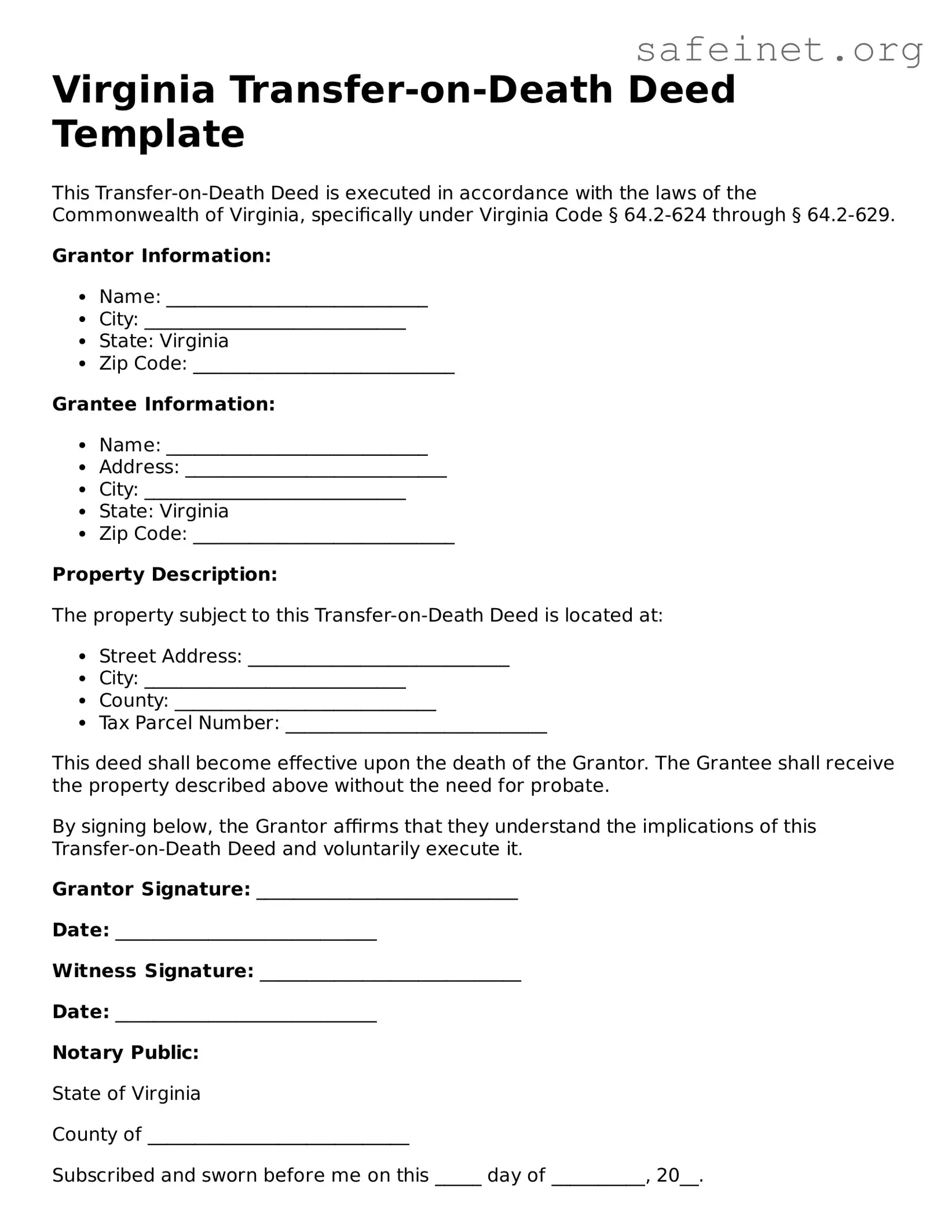 Valid Transfer-on-Death Deed Template for the State of Virginia