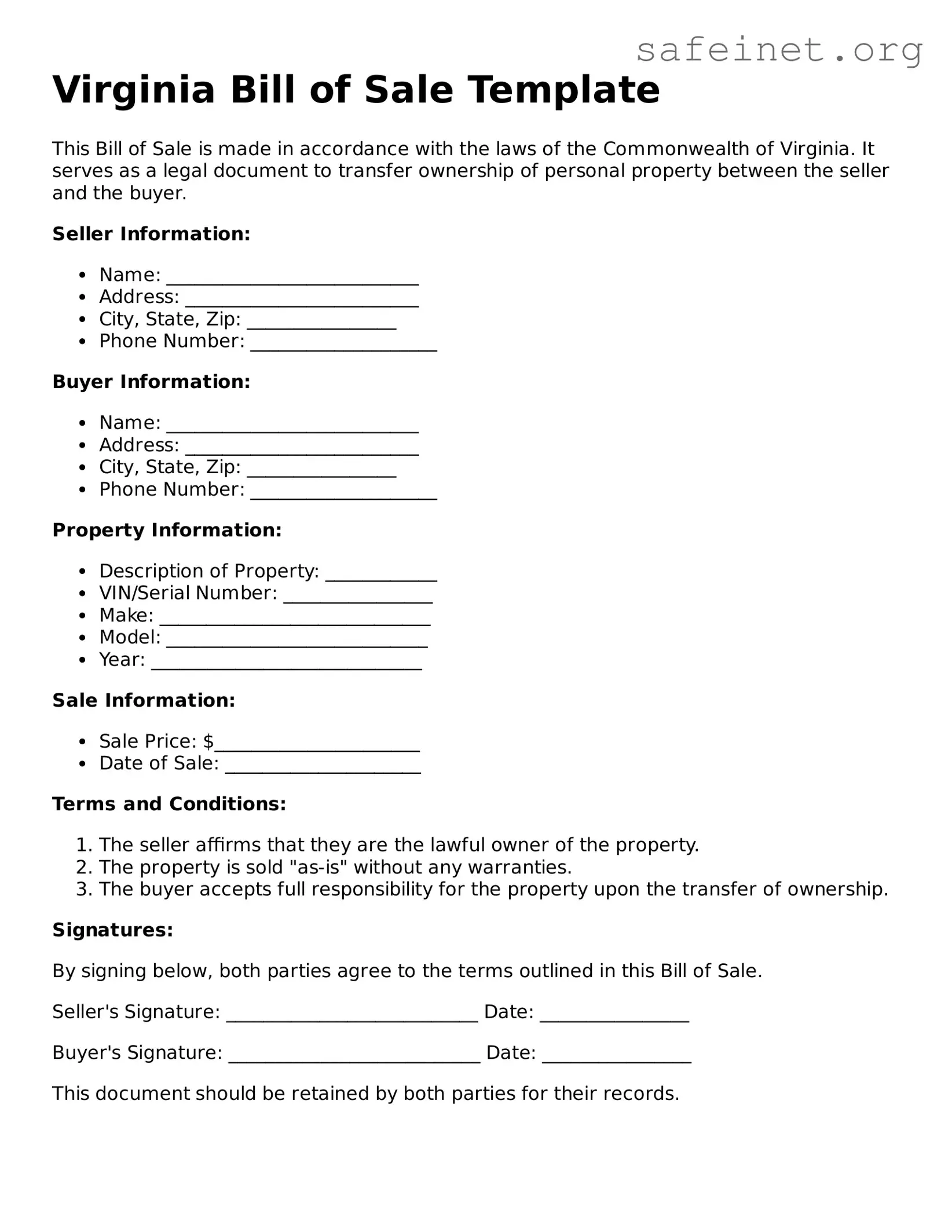 Valid Bill of Sale Template for the State of Virginia