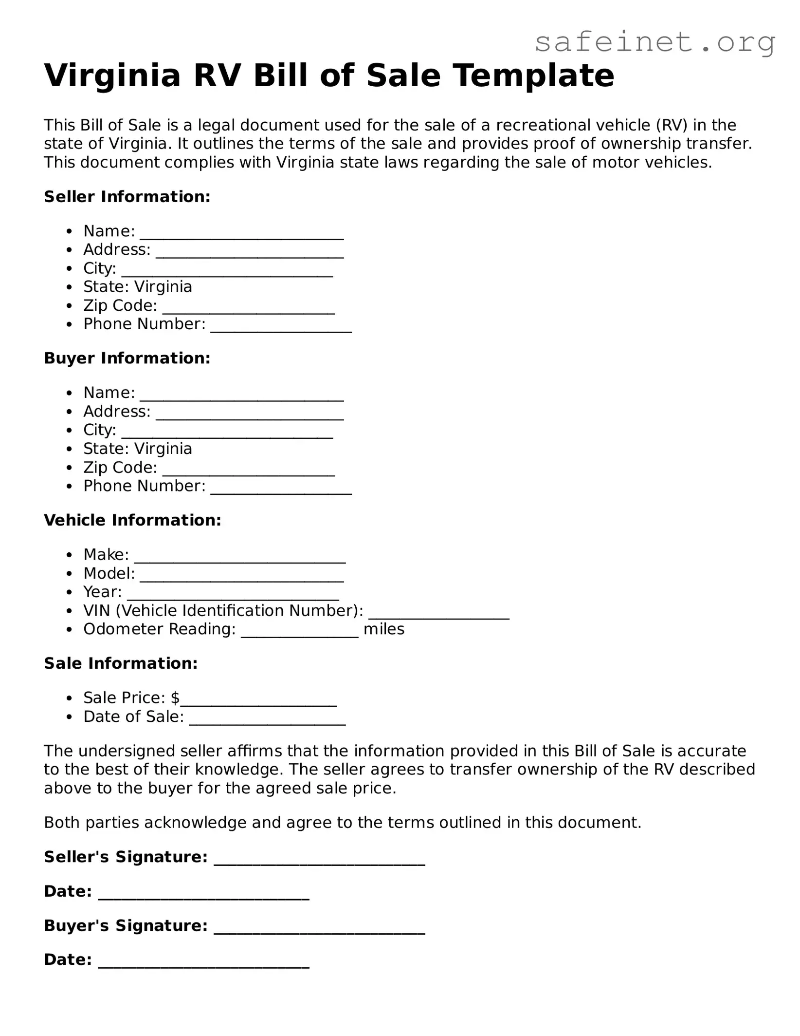 Valid RV Bill of Sale Template for the State of Virginia