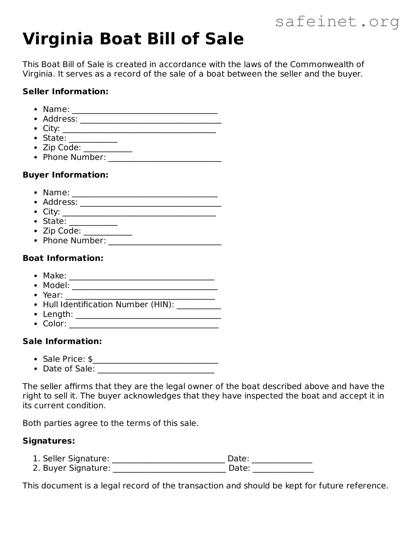 Valid Boat Bill of Sale Template for the State of Virginia