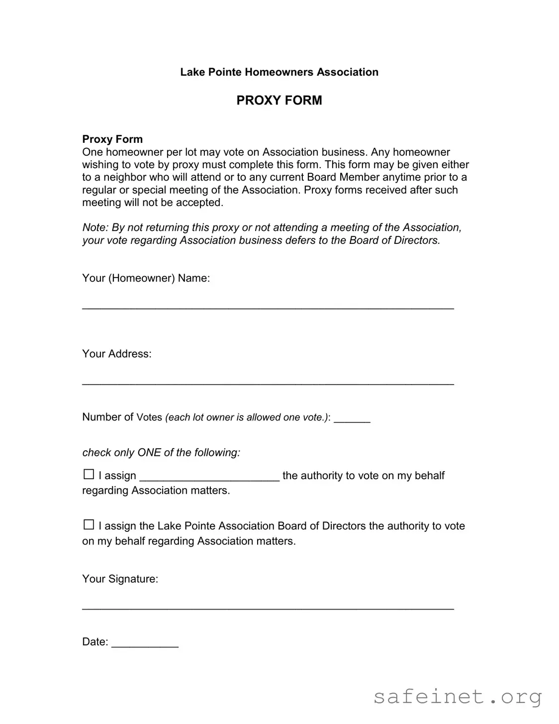 Blank Homeowners Association Proxy Template