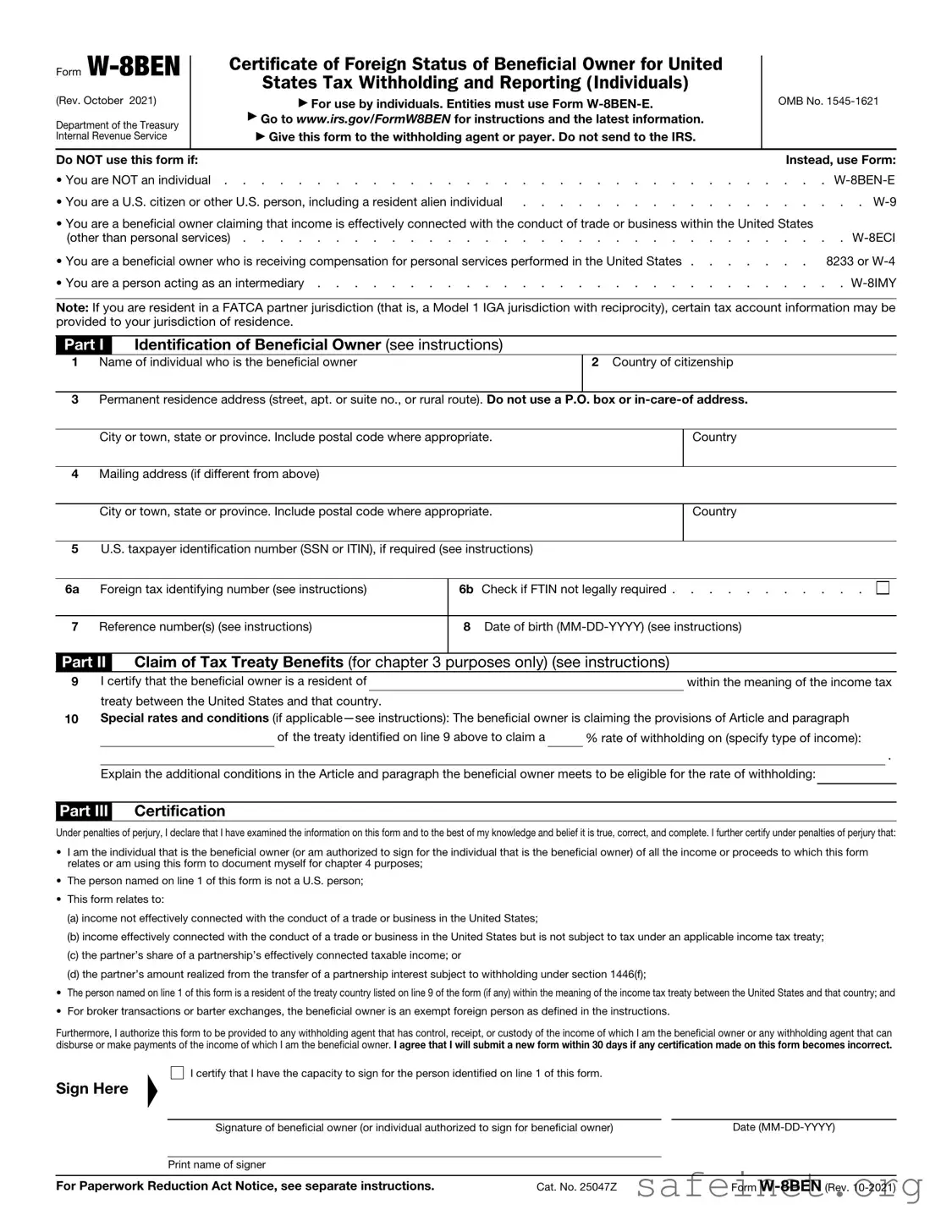 Blank IRS W-8BEN Template