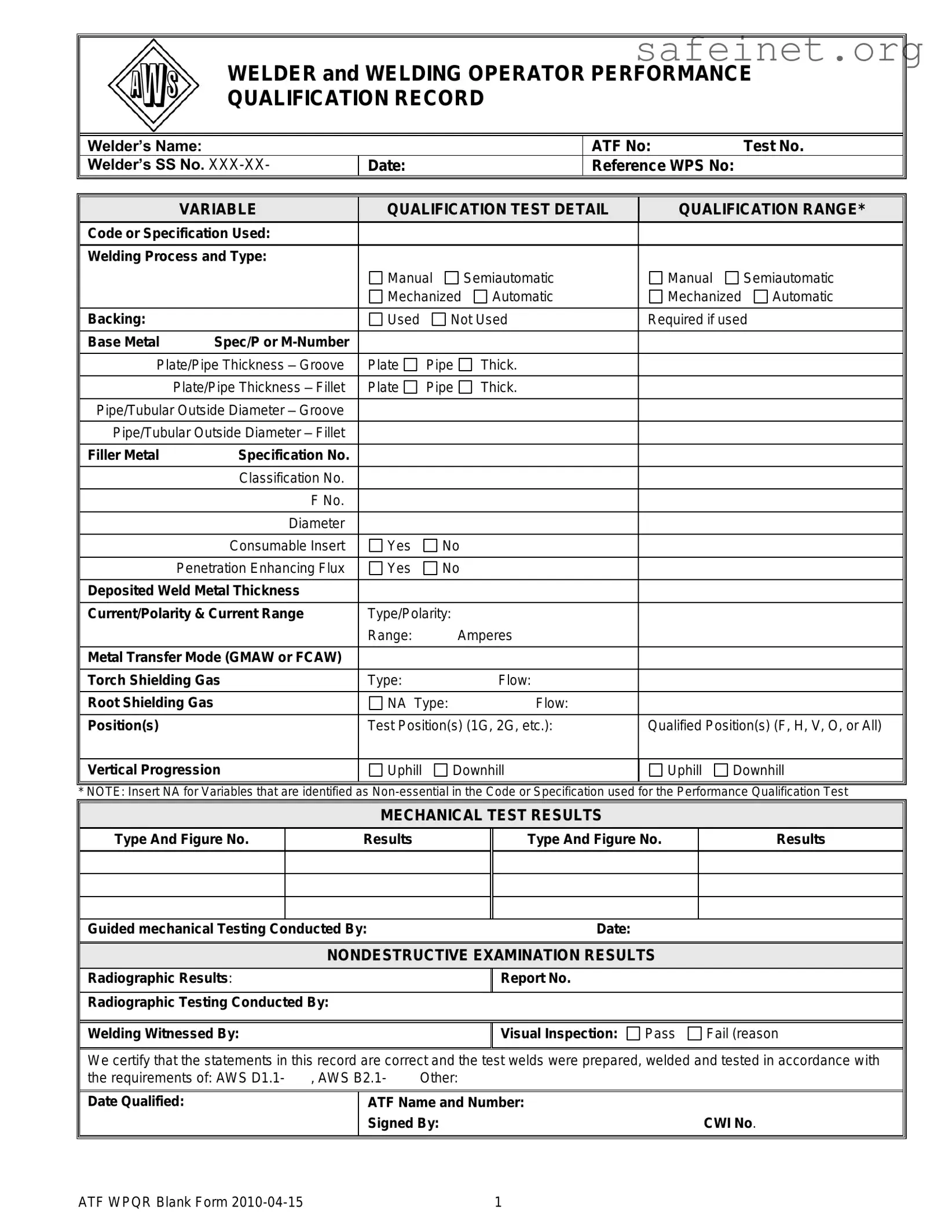 Blank Welder Performance Qualification Record Template