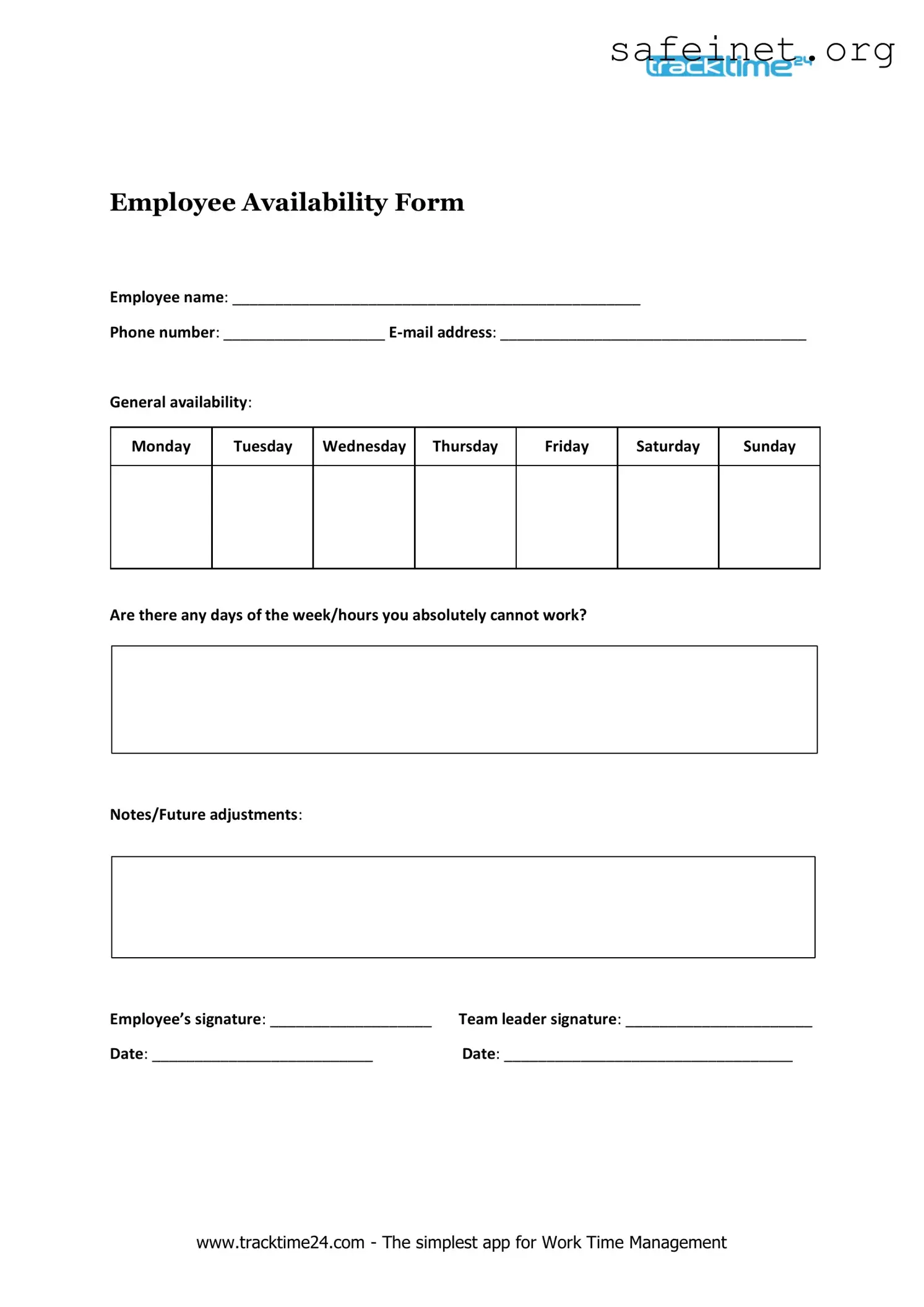 Blank Employee Availability Template