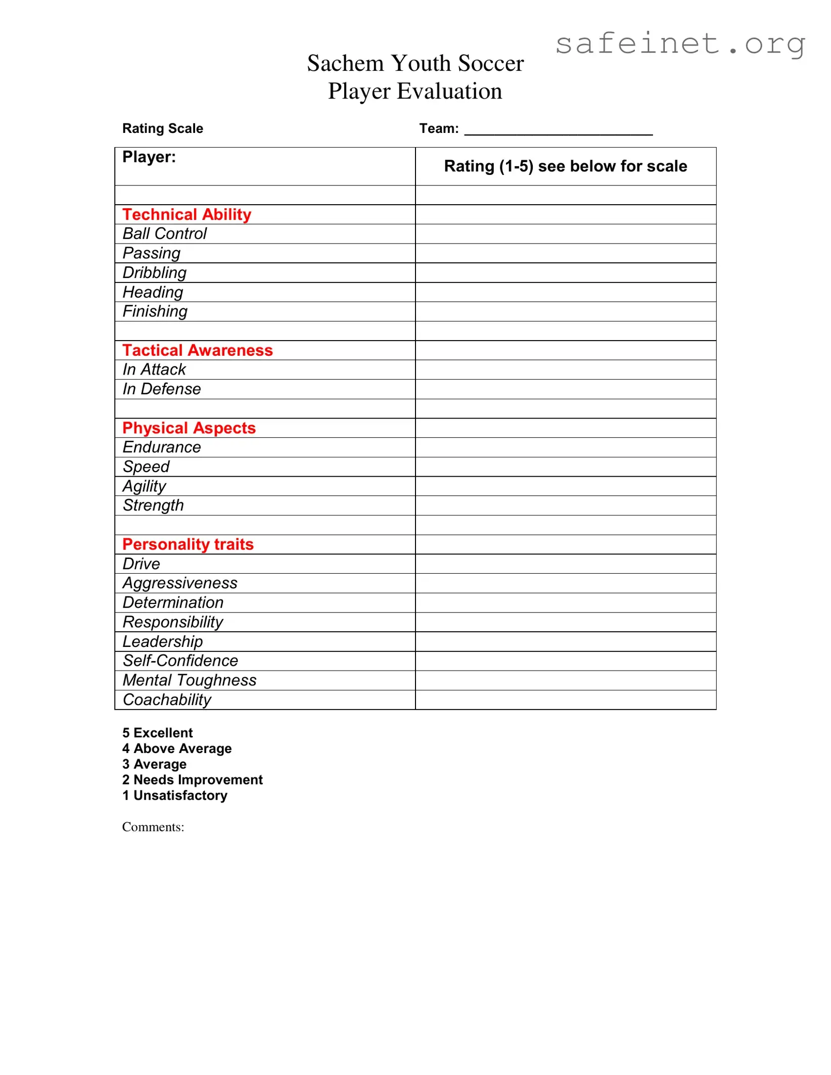 Blank Soccer Player Evaluation Template