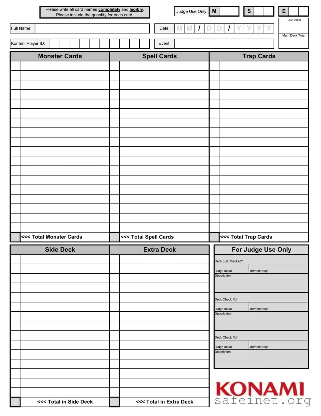 Blank Konami Decklist Template